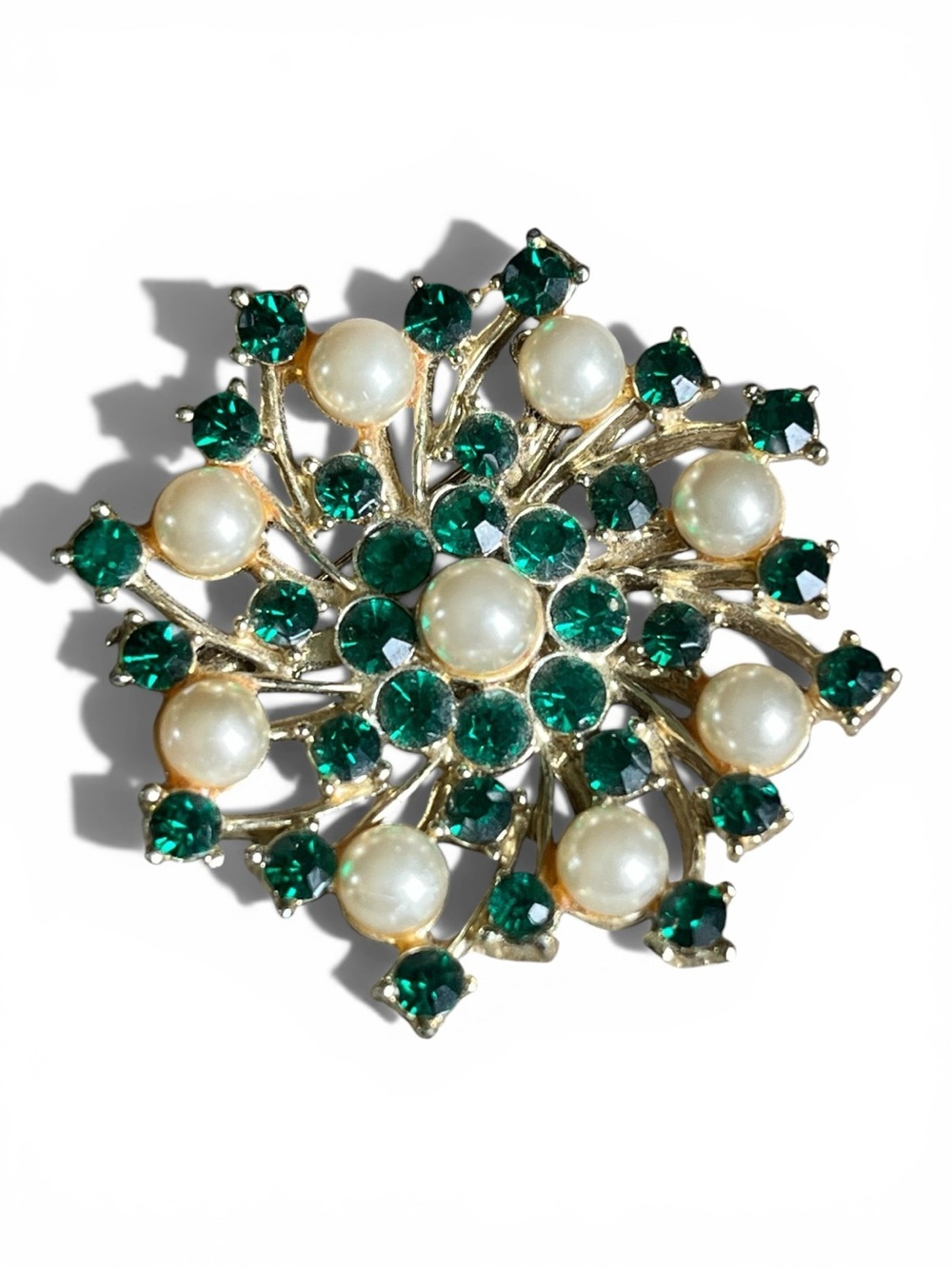 Vintage Coro Emerald Green Rhinestone Faux Pearl Starburst Gold tone Brooch